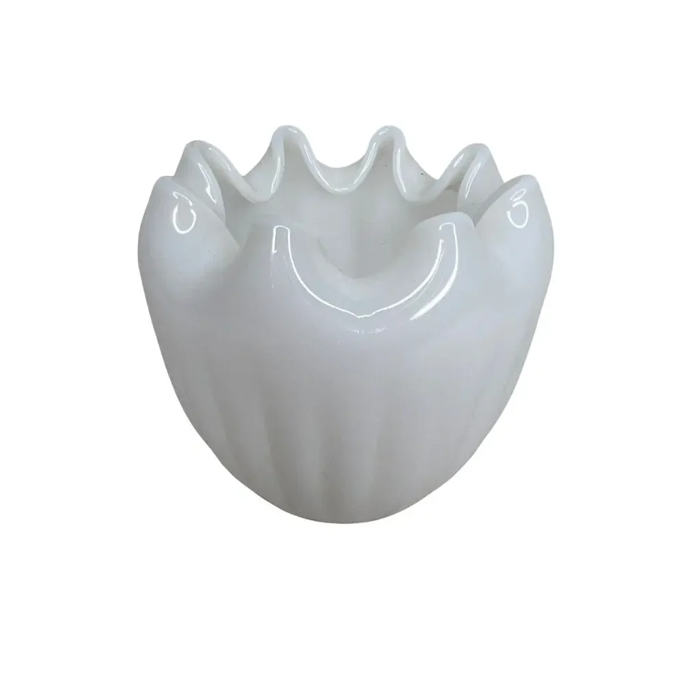 Vintage Milk Glass Fluted Sides Pinched Top Tulip Vase Rose Bowl MCM Mid Century